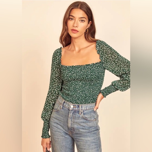 Reformation Pinto Green Parsley Floral Blouse - M $148 - Picture 2 of 10